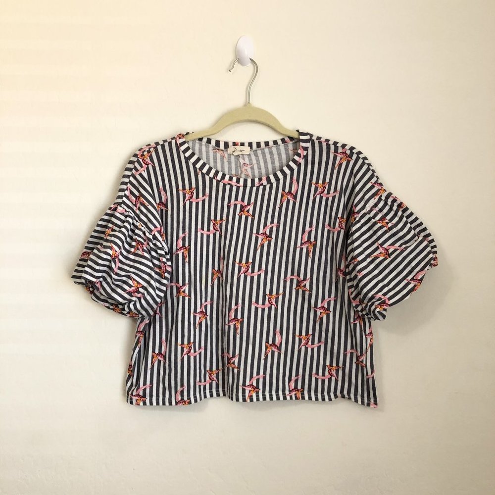 Duets Striped Top with Pink Bird Pattern